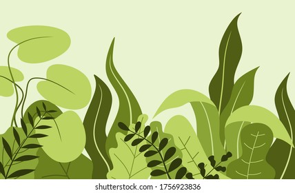 Ilustración vectorial en estilo plano de moda y colores brillantes de gradiente - fondo con espacio de copia para texto - plantas, hojas, árboles y cielo - fondo para banner, tarjeta de saludo, afiche 