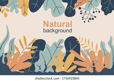 Vector illustration in trendy flat style and bright vibrant gradient colors - background with copy space for text - plants, leaves, trees and sky - background for banner, greeting card, poster 