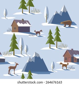 Vector illustration in trendy flat style. Seamless pattern. Mountains, forest, trees, bear, husky, reindeer, nature, winter. 