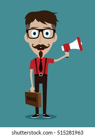 Vector illustration trendy flat style cartoon man holding megaphone and loudspeaker business advertising and promotion concept