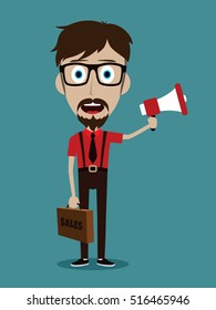 Vector illustration trendy flat style cartoon man holding megaphone and loudspeaker business advertising and promotion concept