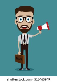 Vector illustration trendy flat style cartoon man holding megaphone and loudspeaker business advertising and promotion concept