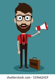 Vector illustration trendy flat style cartoon man holding megaphone and loudspeaker business advertising and promotion concept