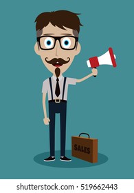 Vector illustration trendy flat style cartoon man holding megaphone and loudspeaker business advertising and promotion concept