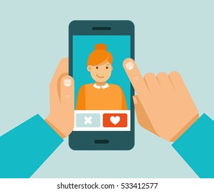 Vector illustration in trendy flat style - online dating app concept - mobile phone with application on the screen - man and woman searching for love and relationship