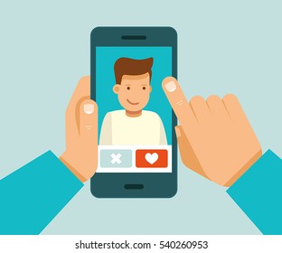 Vector illustration in trendy flat style - online dating app concept - mobile phone with application on the screen - man and woman searching for love and relationship