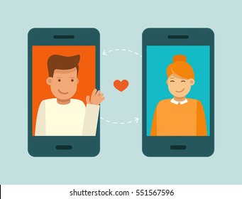 Vector illustration in trendy flat style. online dating app concept. mobile phone with application on the screen. man and woman searching for love