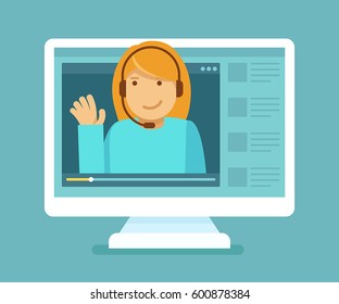 Vector illustration in trendy flat style - online education concept - video player with a female teacher with headphones on the screen of the computer