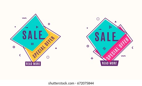 Vector illustration of trendy flat style geometric banners. Vivid color box in retro vintage poster design. Dynamic shapes, motion line and geometrical symbol in pink, yellow, purple and blue colors