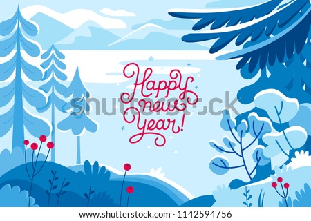 Vector illustration in trendy flat  style - background with copy space for text - winter landscape - background for banner, greeting card, poster and advertising- happy new year and Christmas holidays