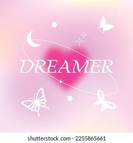 Vector illustration with trendy gradient background with butterflies and stars. Modern vibrant postcards for fashion advertising, social media with motivational quote: Dreamer in y2k style