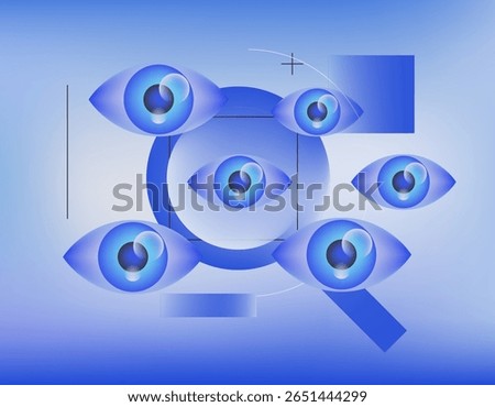Vector illustration in trendy gradient style: multiple blue eyes with magnifying glass, geometric lines and shapes on a blue background. Modern digital-art, surveillance and search theme.