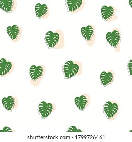 Vector illustration of trendy green monstera leaves seamless pattern with doodle outline.