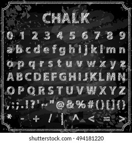 Vector illustration of trendy hand drawn chalk font. Includes alphabet, numbers and symbols