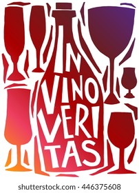 Vector illustration in trendy hipster style typographic poster with bottle of wine and a glass silhouette and quote. In vino veritas. Unique artsy tshirt print design, home decoration, greeting card

