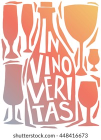 Vector illustration in trendy hipster style typographic poster with bottle of wine and a glass silhouette and quote. In vino veritas. Unique artsy tshirt print design, home decoration, greeting card

