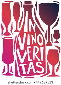 Vector illustration in trendy hipster style typographic poster with bottle of wine and a glass silhouette and quote. In vino veritas. Unique artsy tshirt print design, home decoration, greeting card

