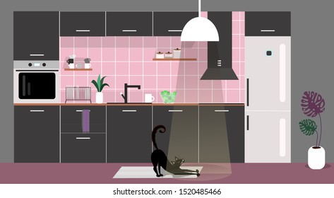 Vector illustration of trendy interior of black kitchen with wood and white elements. Scandinavian and cozy design
