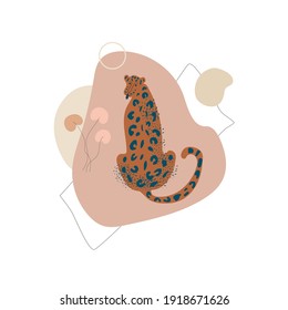 Vektorgrafik eines trendigen Leoparden, der mit seinem Rücken sitzt. Der Gepard zeigt seine Zunge. Weißer Hintergrund mit abstrakten geometrischen Formen und Blumendruck. Boho-Stil