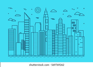 Vector illustration in trendy line style - abstract city concept with office houses and buildings - urban landscape for banners and websites headers 