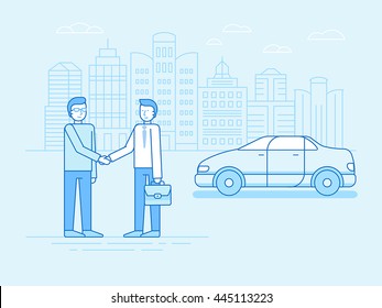 Vector illustration in trendy linear flat style and blue colors - car sharing concept - new model of car rental service - collaborative consumption and sharing economy