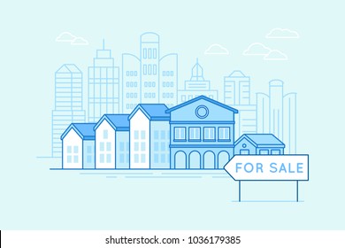 Vector illustration in trendy linear style and blue colors - houses and pointer for sale - real estate and mortgage concept