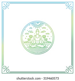 Vector illustration in trendy linear style - woman in lotus pose - logo or print concept for yoga studio or class 