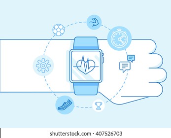 Vector illustration in trendy linear style and blue colors - smart watch and fitness tracker concepts - hand with sport signs