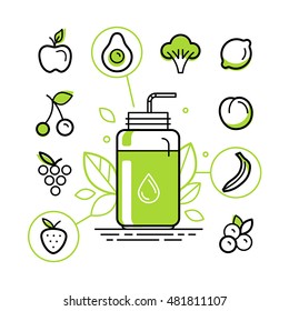 Vector illustration in trendy linear style - healthy smoothie constructor infographics design elements - jar with fruits and vegetables