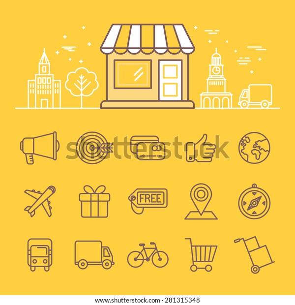 Vector\
illustration in trendy linear style - online shopping icons and\
signs - store building with city landscape\
