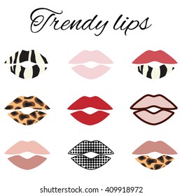 vector illustration / trendy lips / zebra cheetah and halftone pattern lips