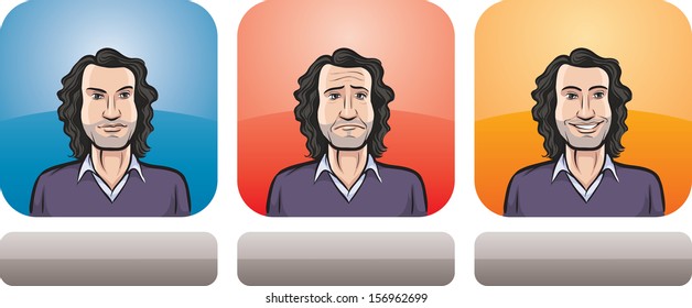 Vector illustration of trendy man face in three expressions: neutral, sad and happy - head and shoulders composition. Layered vector EPS10 format file.