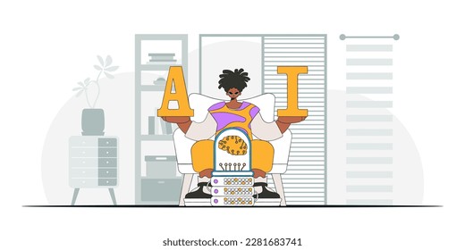 Vector illustration of trendy Man holding a brainlike AI device.