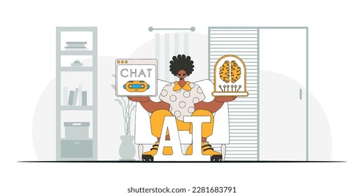Vector illustration of a trendy man holding an AI brain.