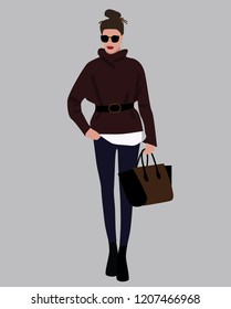 Vector illustration of trendy moderm girl. Fall winter outfit