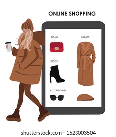 Vector illustration of  trendy modern fashion girl in coat. Fall winter shopping online by tablet. Online shop.