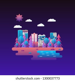 Vector illustration in trendy and modern flat style and bright vibrant gradient colors. Cityscape with a lot of sky scrapers in the park area. Tall buildings and business center. Background for banner