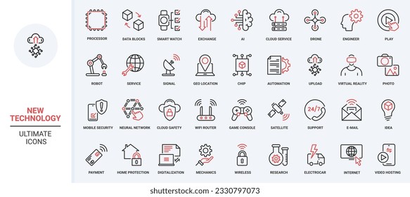 Iconos modernos de línea delgada de color rojo para la ilustración vectorial de la moda establecen el futuro de la tecnología, incluyendo innovaciones modernas como la digitalización inteligente del hogar, la red neuronal AI, los robots drones, los datos digitales de los servicios de seguridad.
