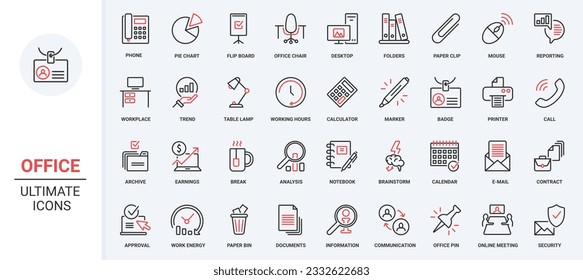 Iconos de la delgada línea roja de la ilustración del vector establecen documentos de comunicación de la oficina, incluidos símbolos del equipo de trabajo, informe del gráfico circular de análisis de tendencias financieras, tormentas de ideas, planificación, reunión de negocios