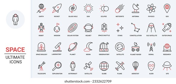 Vector illustration trendy red black thin line icons set space travel universe research technology, astronaut spaceship, moon solar system planets, and futuristic observatory and telescope.