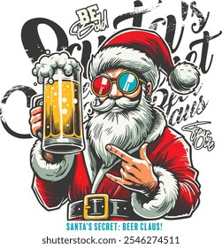 Vector illustration of a trendy Santa Claus holding a beer mug with stylish sunglasses and text elements, perfect for t-shirt and merchandise designs.

