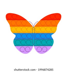 Ilustración vectorial de moda pop it fidget. Juguete antiestrés con arco iris de mariposa.
