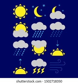 Vector illustration. Trendy set of weather icons on a blue sky background. Used to represent current weather and weather forecasts for cities, social media, websites, sports, medicine, travel EPS 10