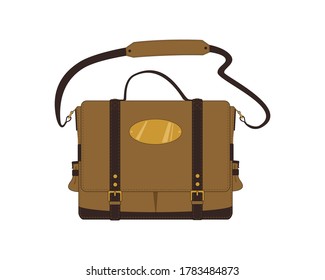 Una ilustración vectorial de una bolsa de hombro de moda. Bolsa de moda con solapa, bolsa de hombro marrón claro, correa de cuero, aislada en blanco