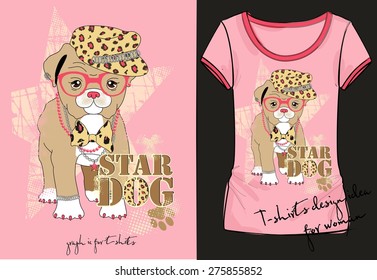 Imagen vectorial de la camisa de manga corta de moda de la mujer, con estampado elegante con inscripción, perro de moda en un sombrero, con lentes rosas, arco y joyas en el cuello. Diseño de camisetas