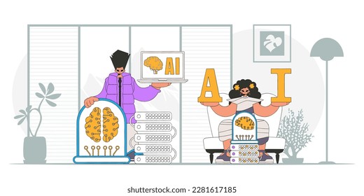 Vector illustration of a trendy style of an AI team comprising a guy and a girl.