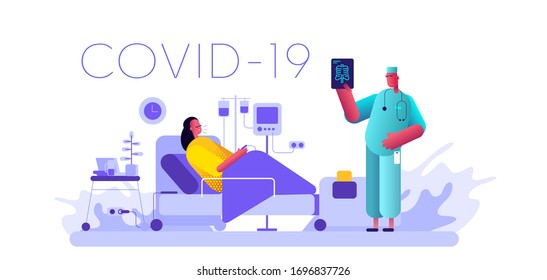 Ilustración vectorial en estilo moderno. Mujer infectada con coronavirus. El doctor está mirando la radiografía del paciente.