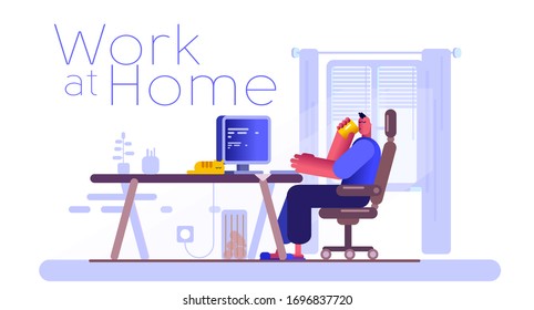 Ilustración vectorial en estilo moderno. Un joven trabaja en casa en una computadora. Trabaje en casa. 