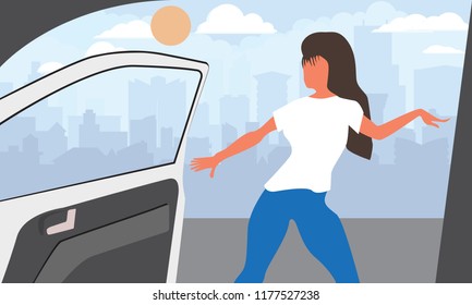 Vector illustration of Trendy Viral dance challenge while car moving and door is opened.