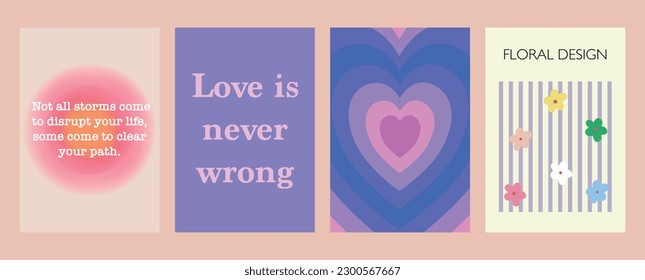 Vector illustration. Trendy y2k style posters with gradient, lettering, hearts and flowers. Modern minimalist print. Perfect as a background pattern, textile design and home decor.